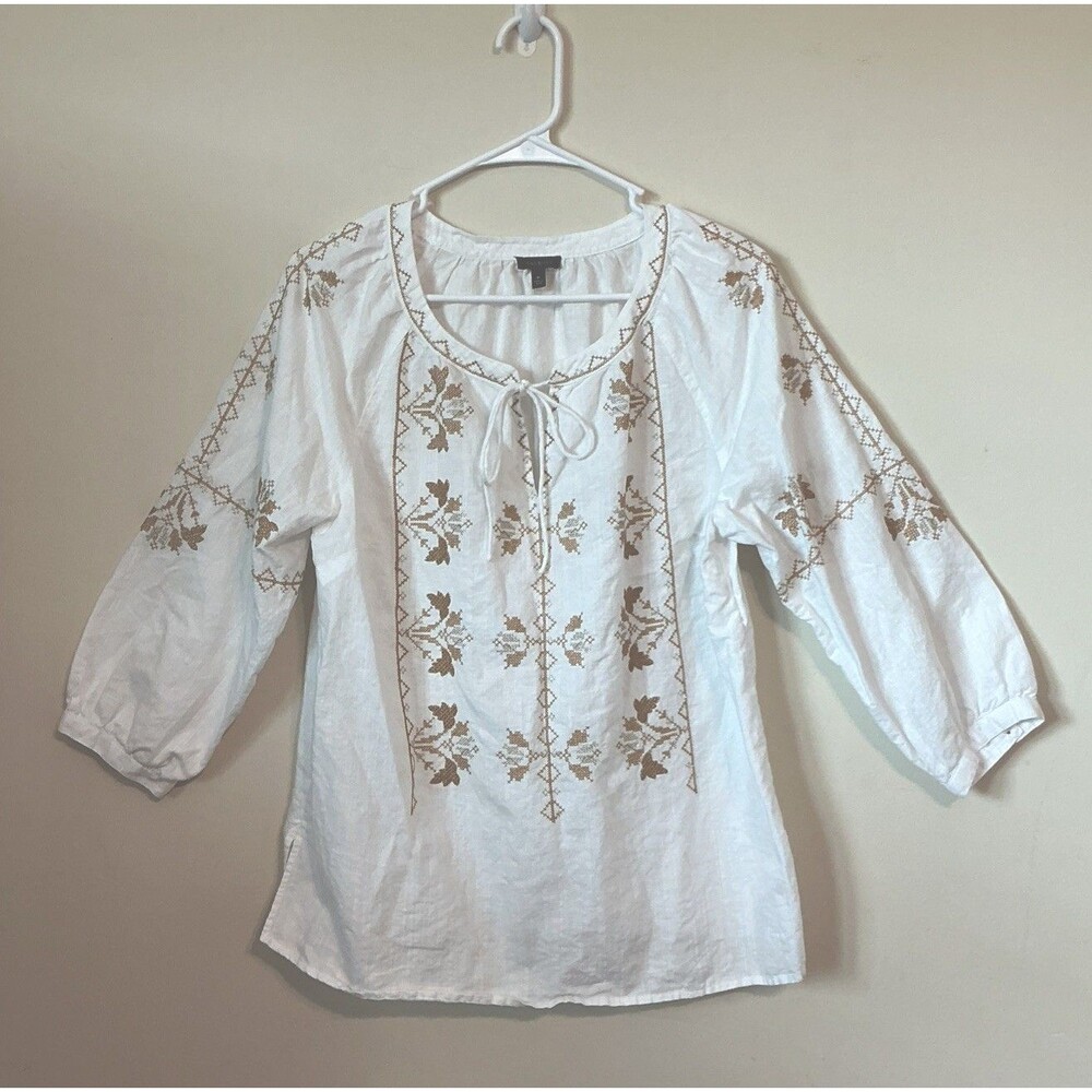 Talbots Linen Tunic White Top Med Embroidered Floral Gold Coastal Grandmother